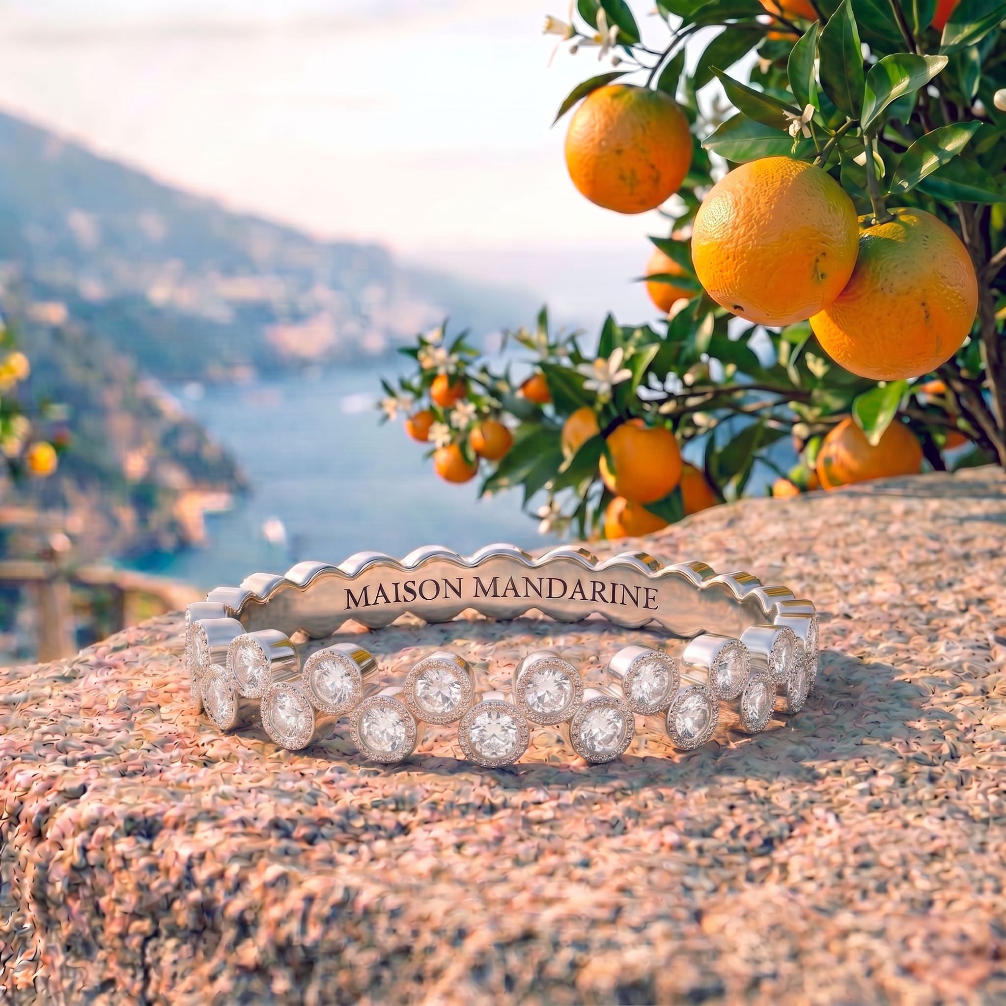 Alliance L’Oranger M en or blanc et diamants, photographiée devant un oranger en Méditerranée