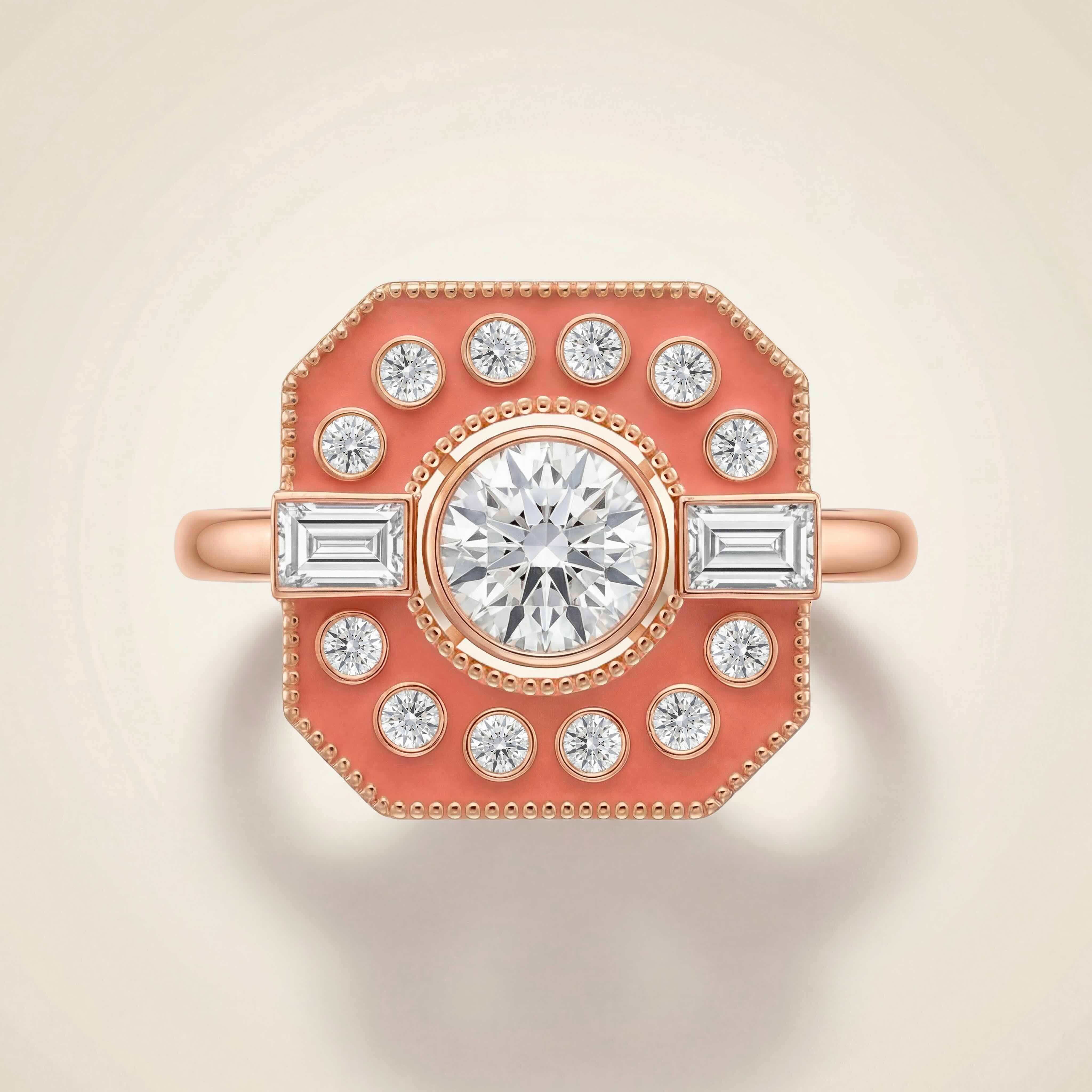 Bague Art déco en or rose 18 carats, diamants et laque corail Maison Mandarine, inspirée de Marrakech
