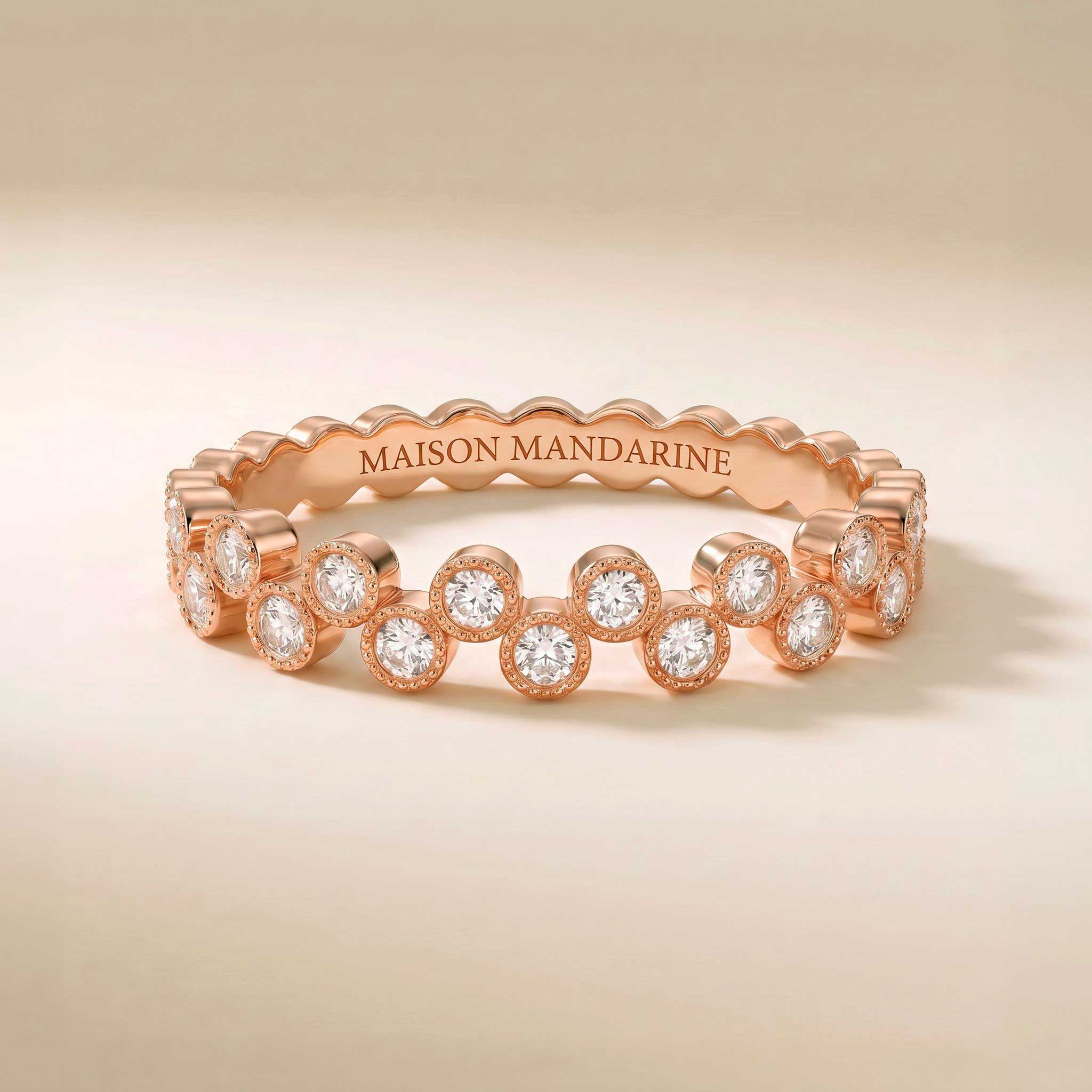 Alliance en or rose sertie de deux rangées de diamants en serti clos perlé – Maison Mandarine