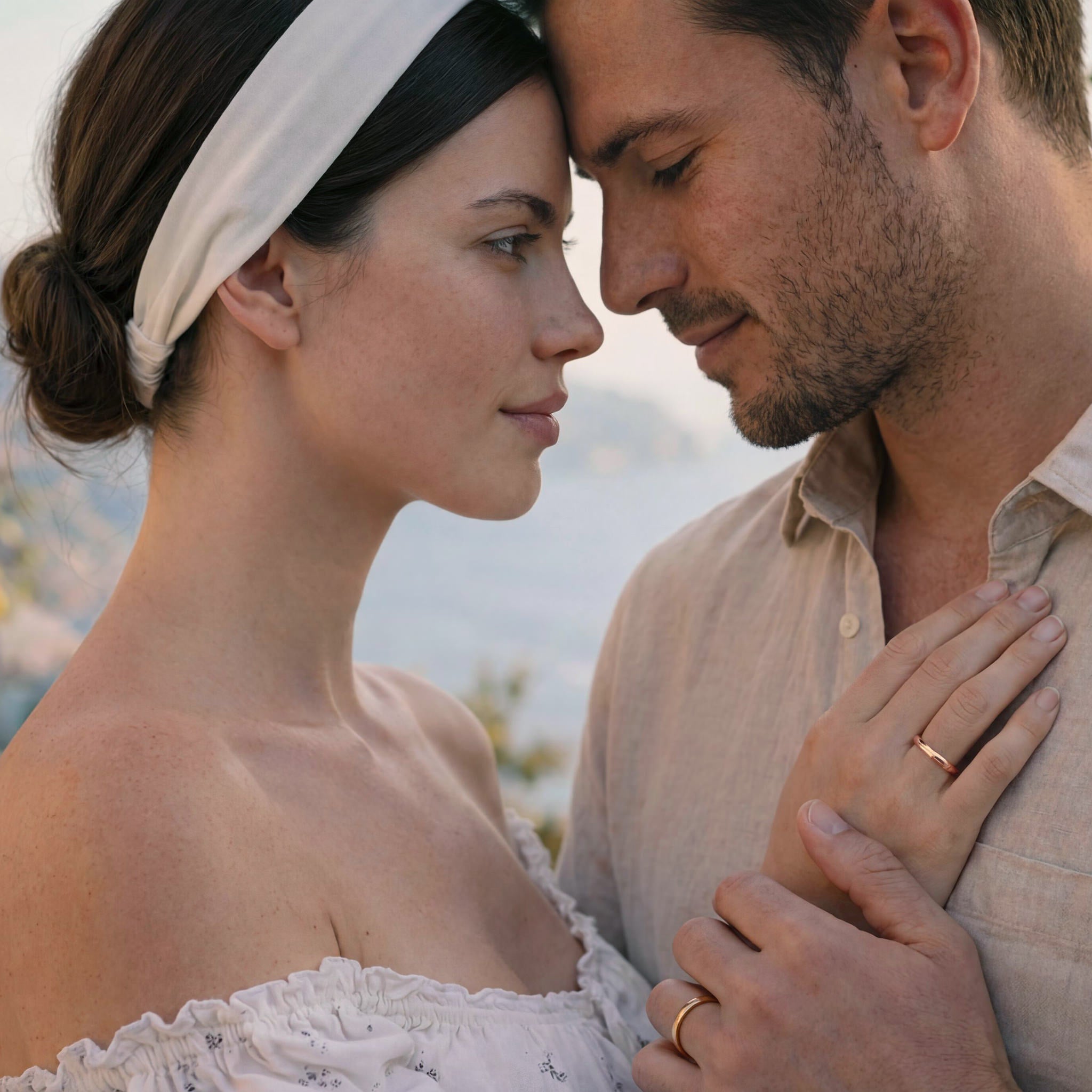 Mains d'un couple portant leurs alliances de mariage demi-jonc 2 mm en or rose 18 carats. Créations joaillières Maison Mandarine.