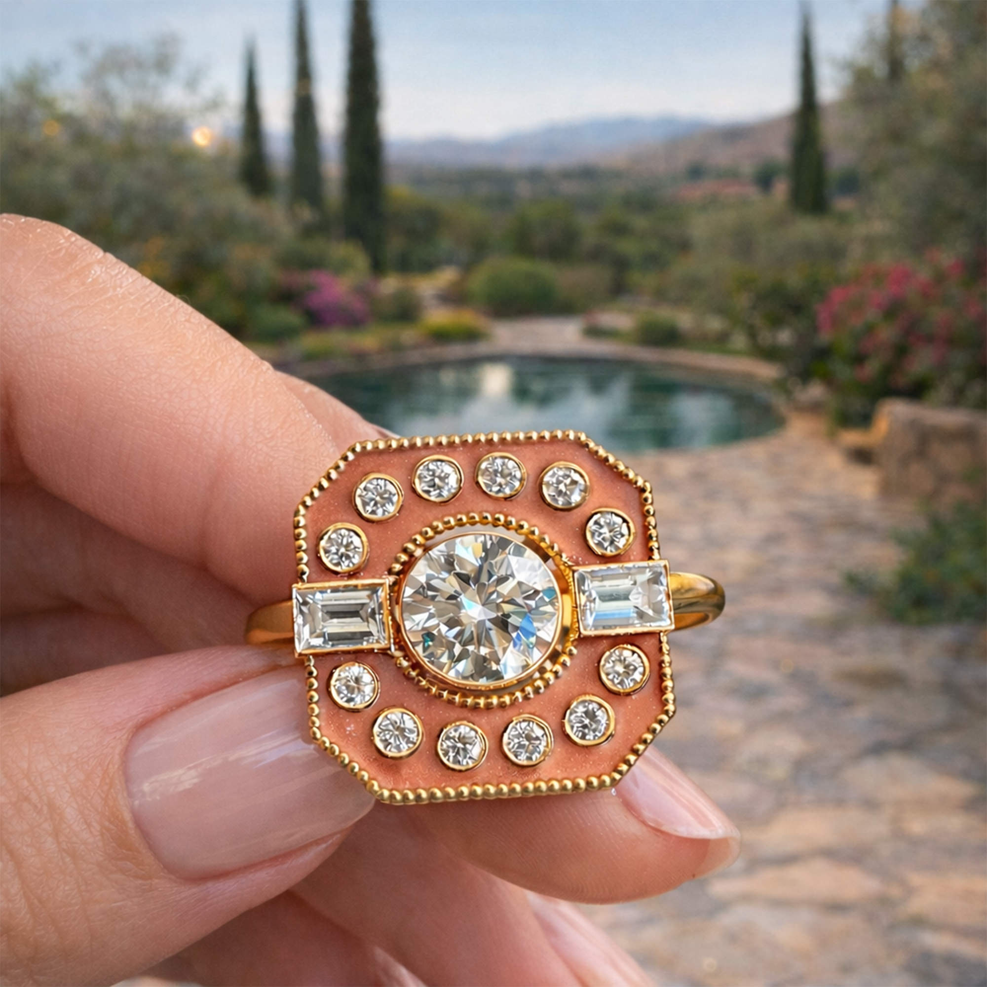 Bague de fiançailles Art Déco en or rose 18 carats avec diamant central rond, entourage de diamants serti clos et laque corail