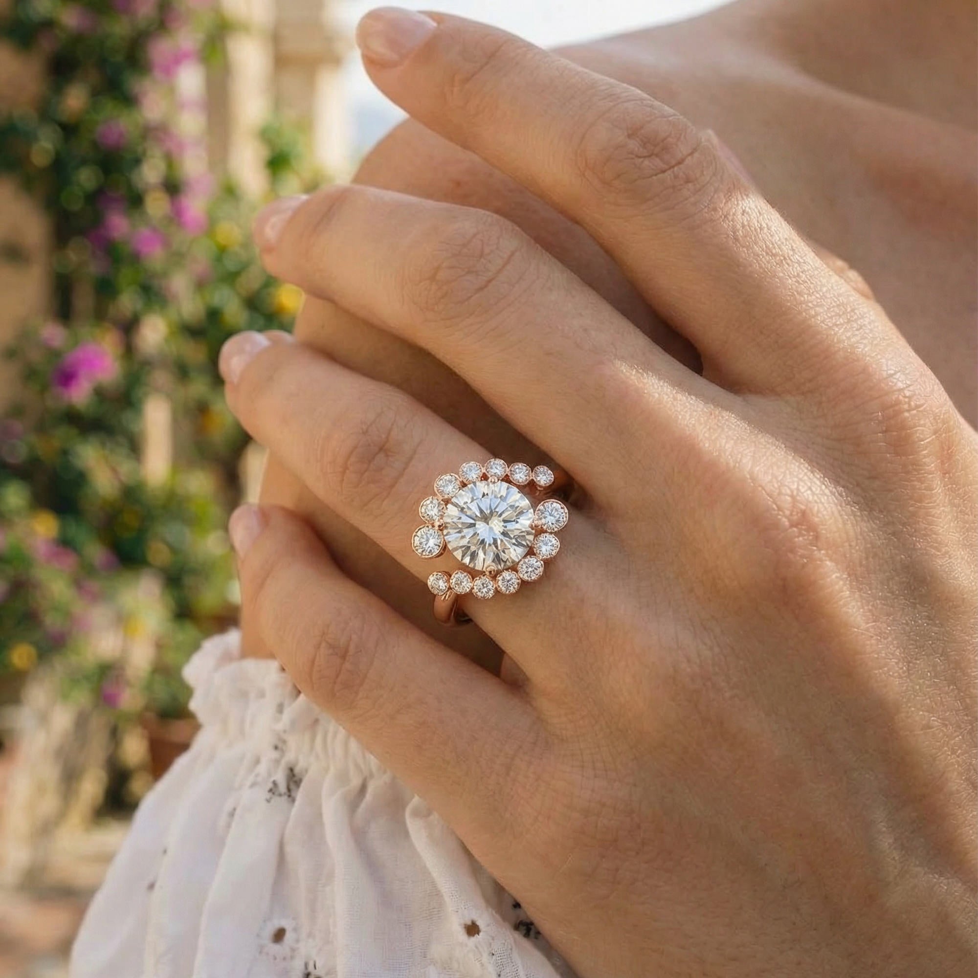Bague de fiançailles en diamant de laboratoire avec halo asymétrique sur or 18 carats recyclé, portée en gros plan, Maison Mandarine